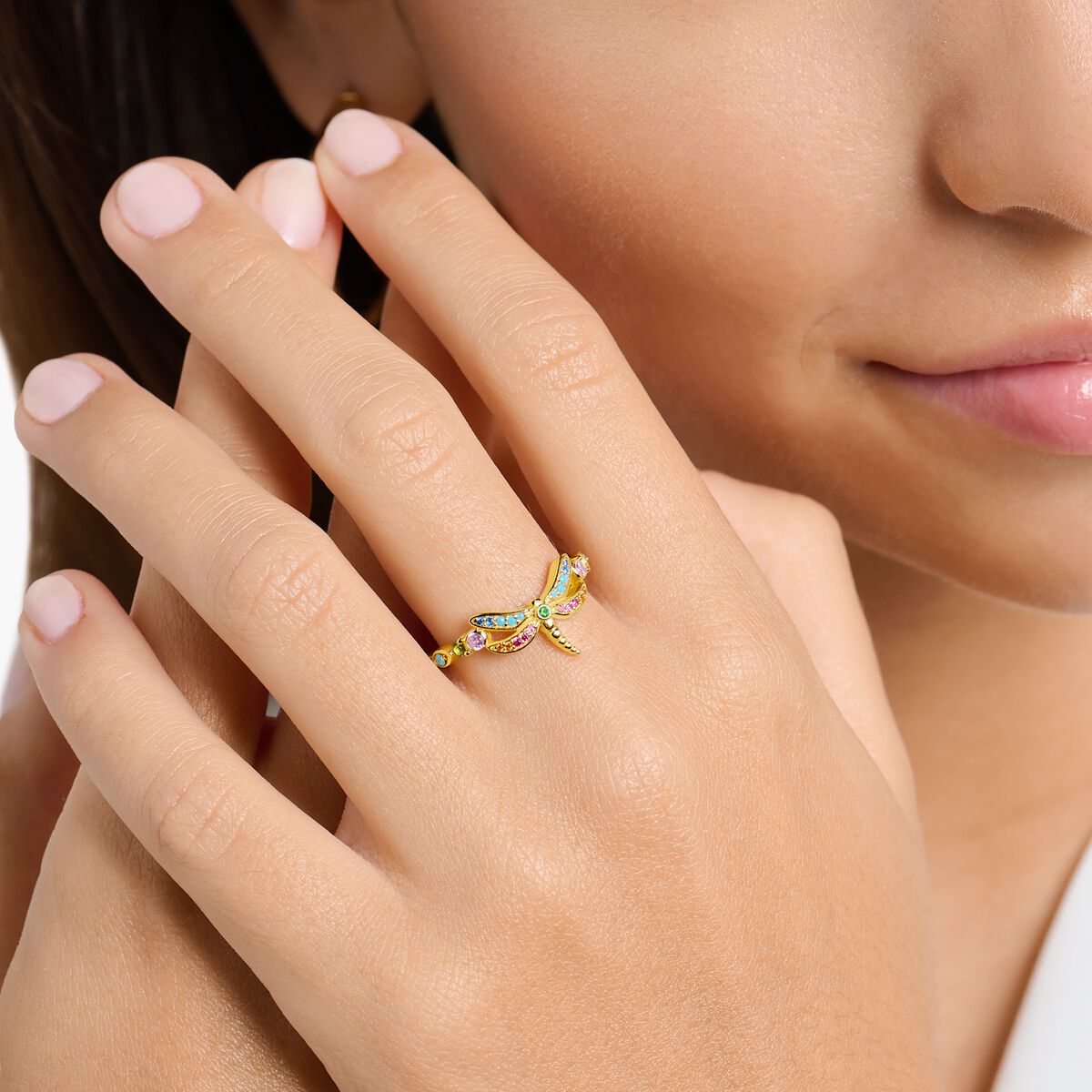 Ring dragonfly with coloured stones gold