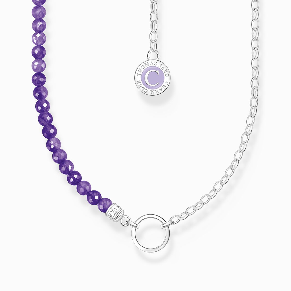 Charm necklace with violet imitation amethyst beads silver