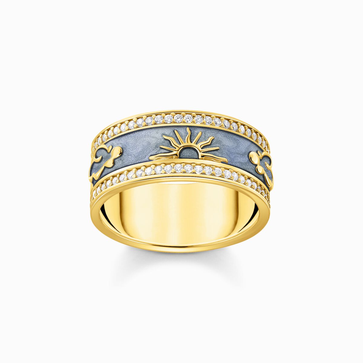 Gold-plated band ring with blue cold enamel and cosmic symbols