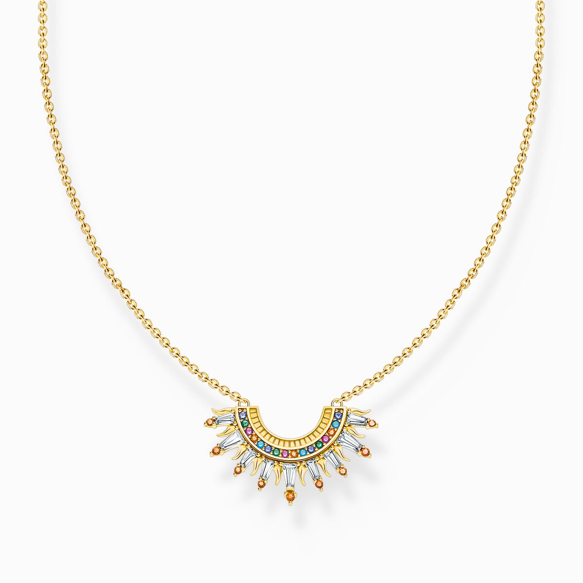 Gold-plated necklace with sun beams and colourful stones