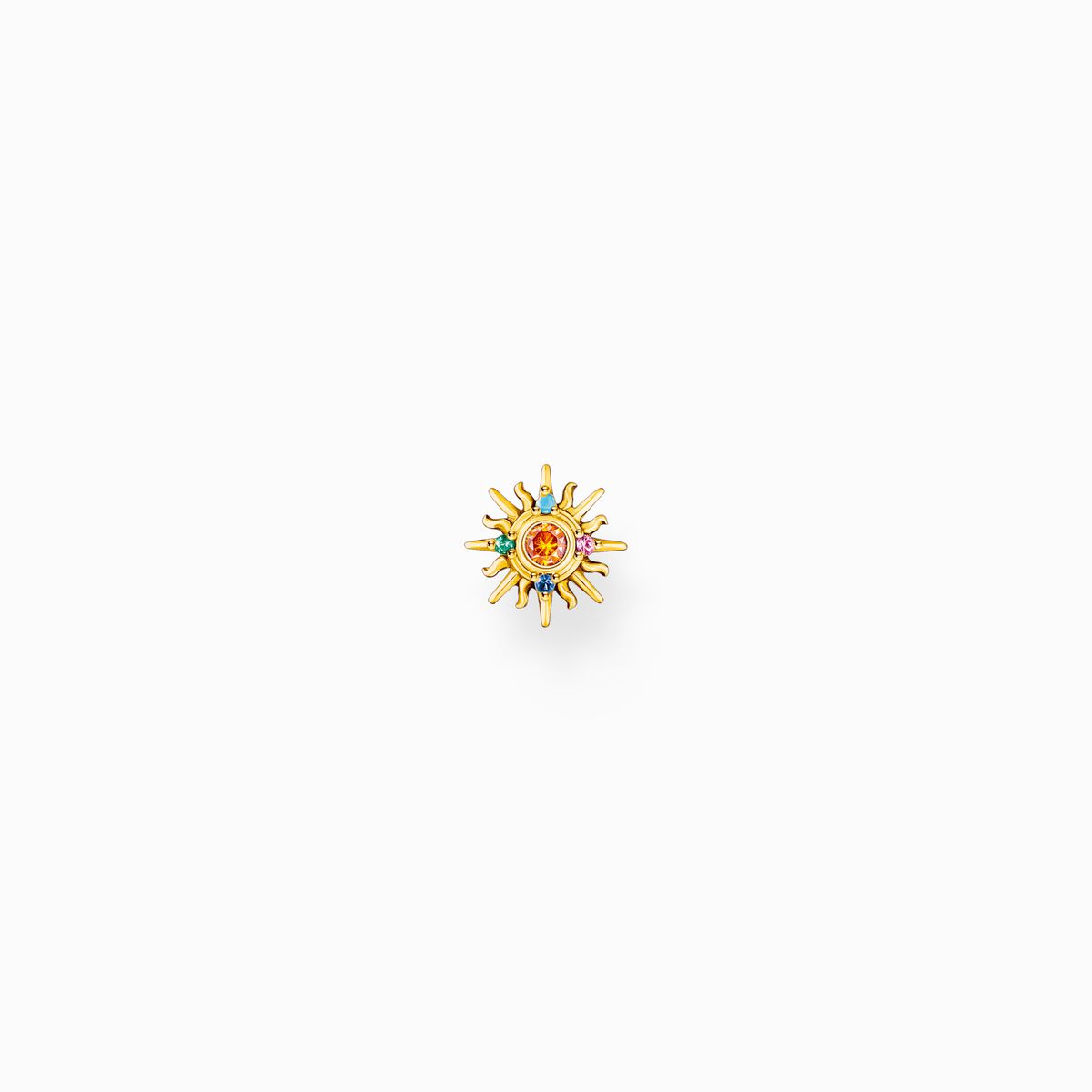 Gold-plated single ear stud sun with colourful stones