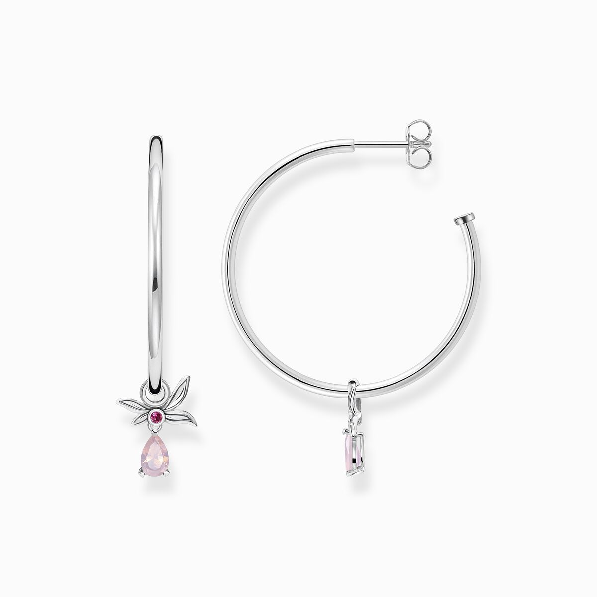 Hoop earrings flower silver with pink stone
