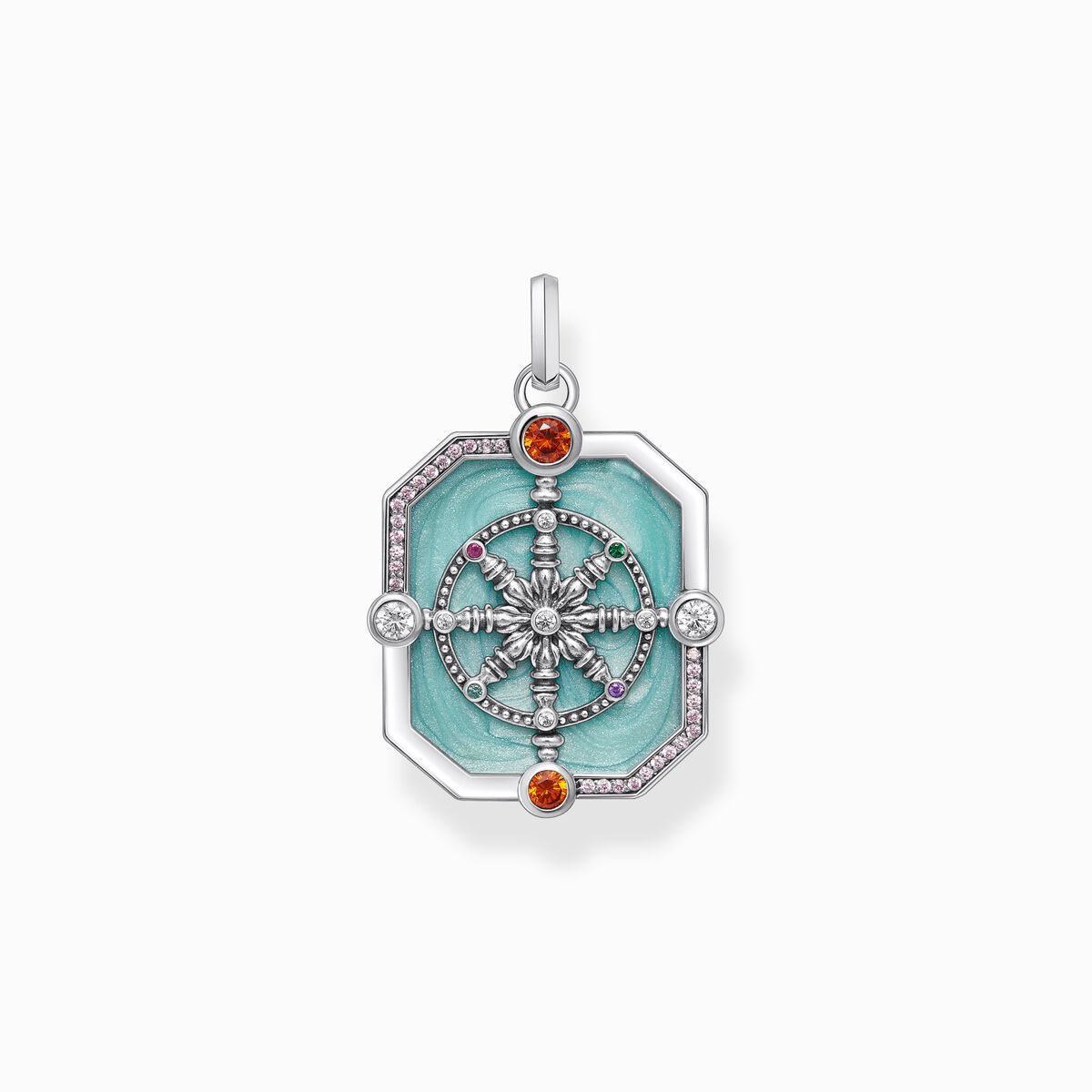 Silver octagon-shaped pendant with cold enamel and stones