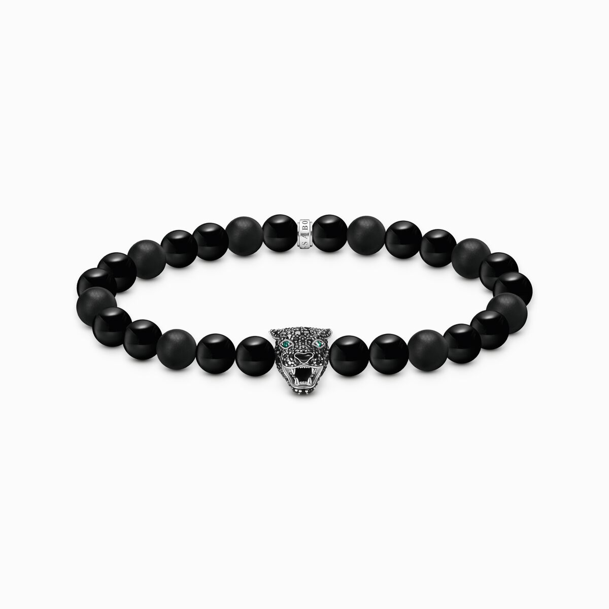 Silver beads-bracelet with black cat
