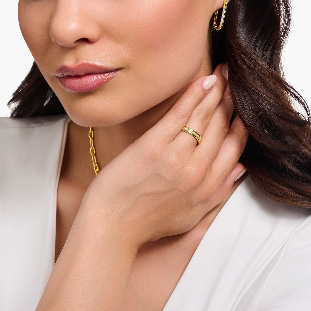 Yellow-gold plated band ring with white zirconia