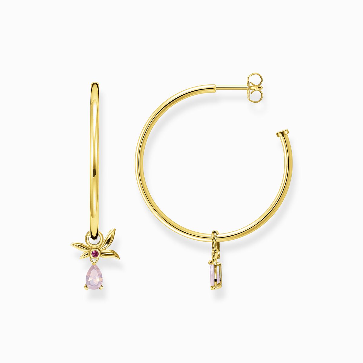 Hoop earrings flower gold with pink stone