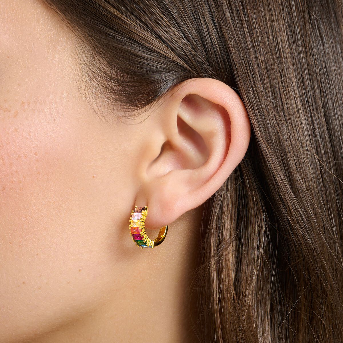 Hoop earrings with colourful stones pavé gold plated