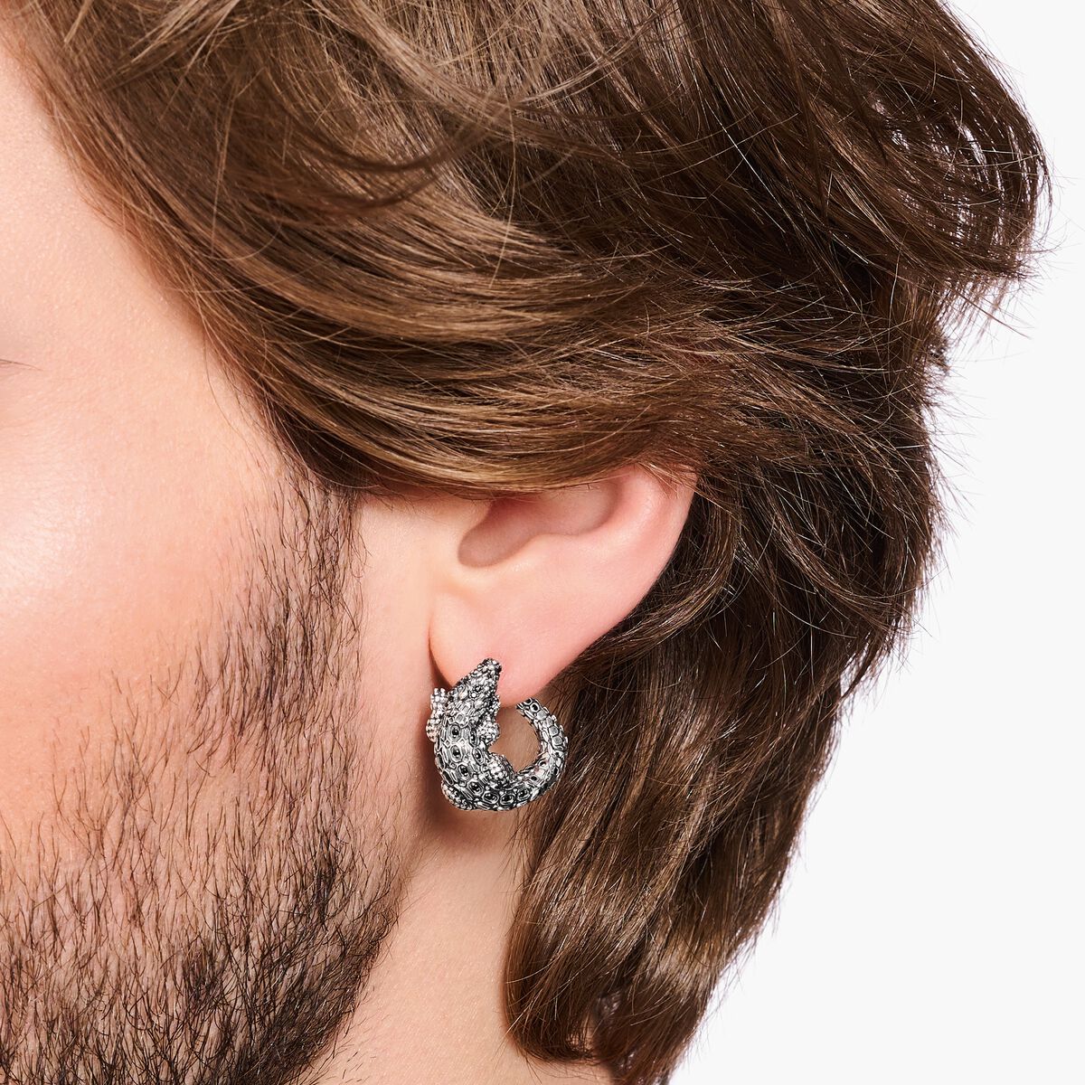 Blackened silver hoop ear rings crocodile with black and green stones