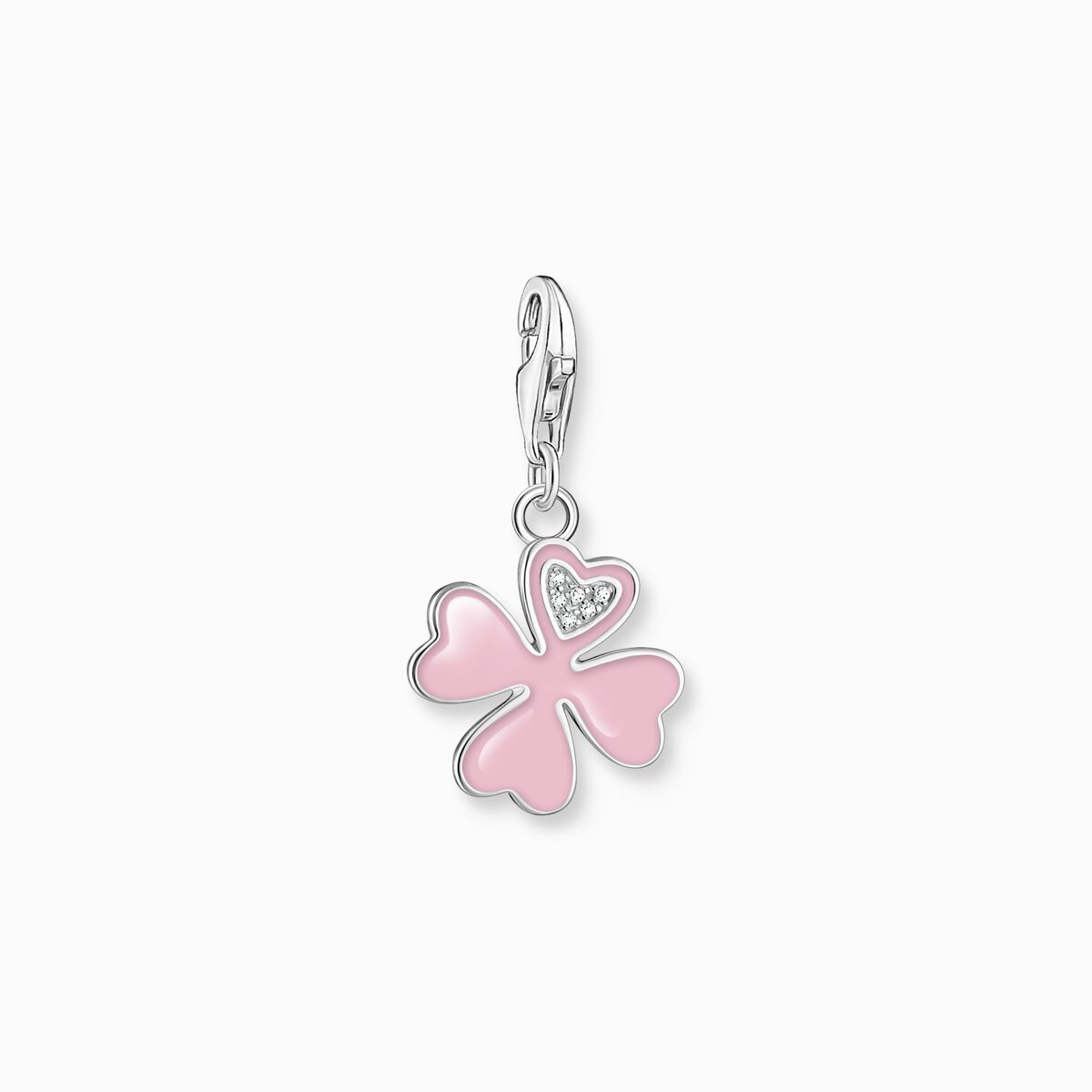 Charm pendant pink cloverleaf with white stones silver