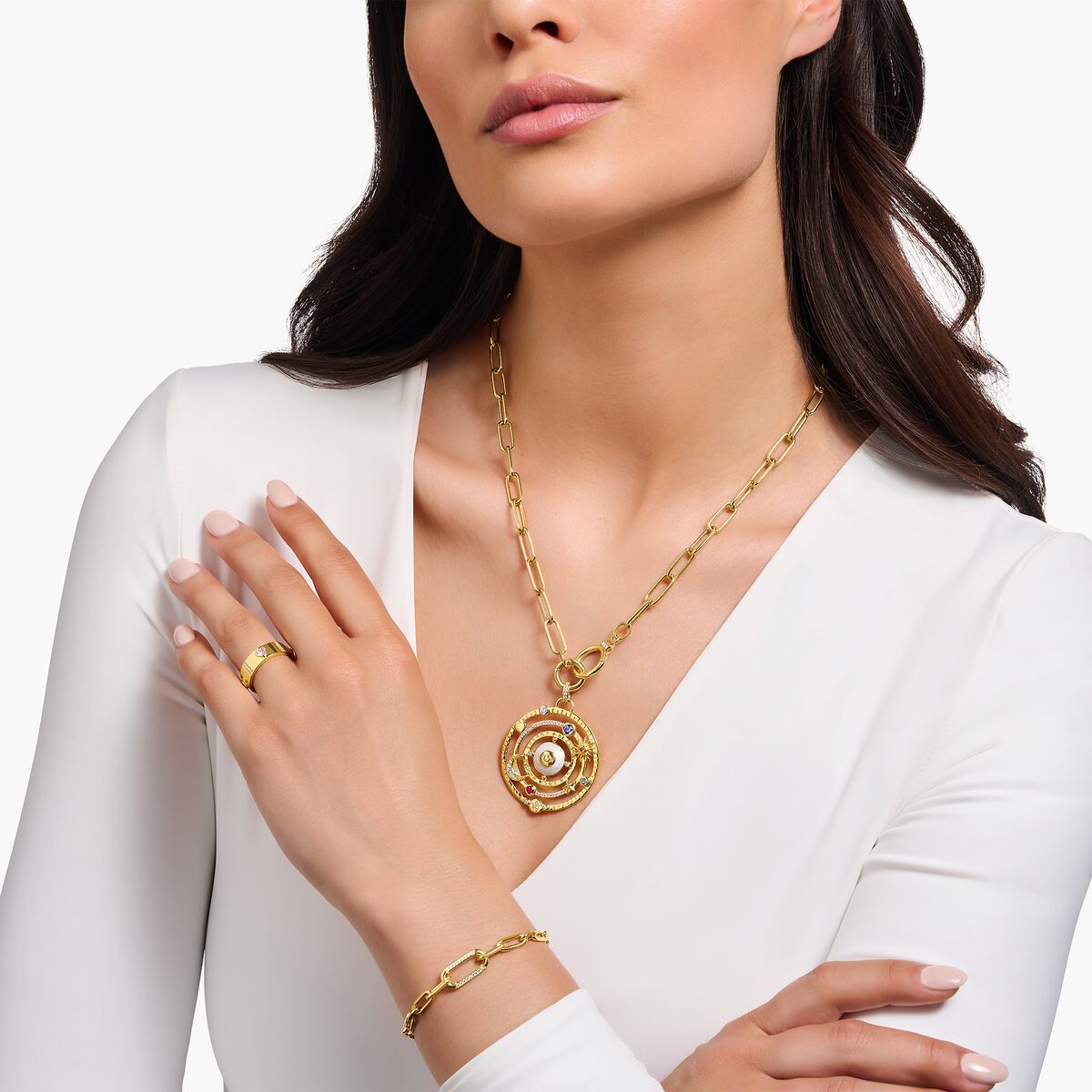 Yellow-gold plated link necklace with ring clasps and zirconia