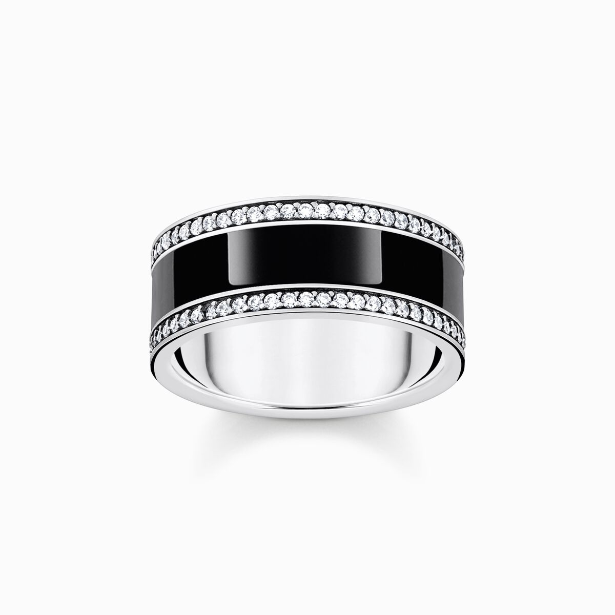 Silver blackened band ring with black cold enamel and zirconia