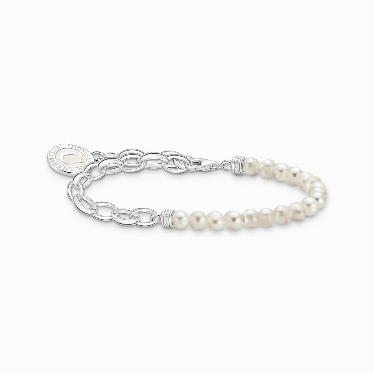 Charm bracelet with white pearls and disc silver