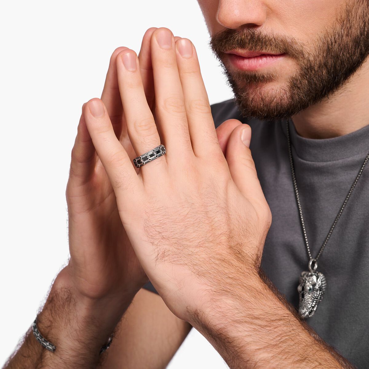 Blackened silver ring wide crocodile shell with black stones
