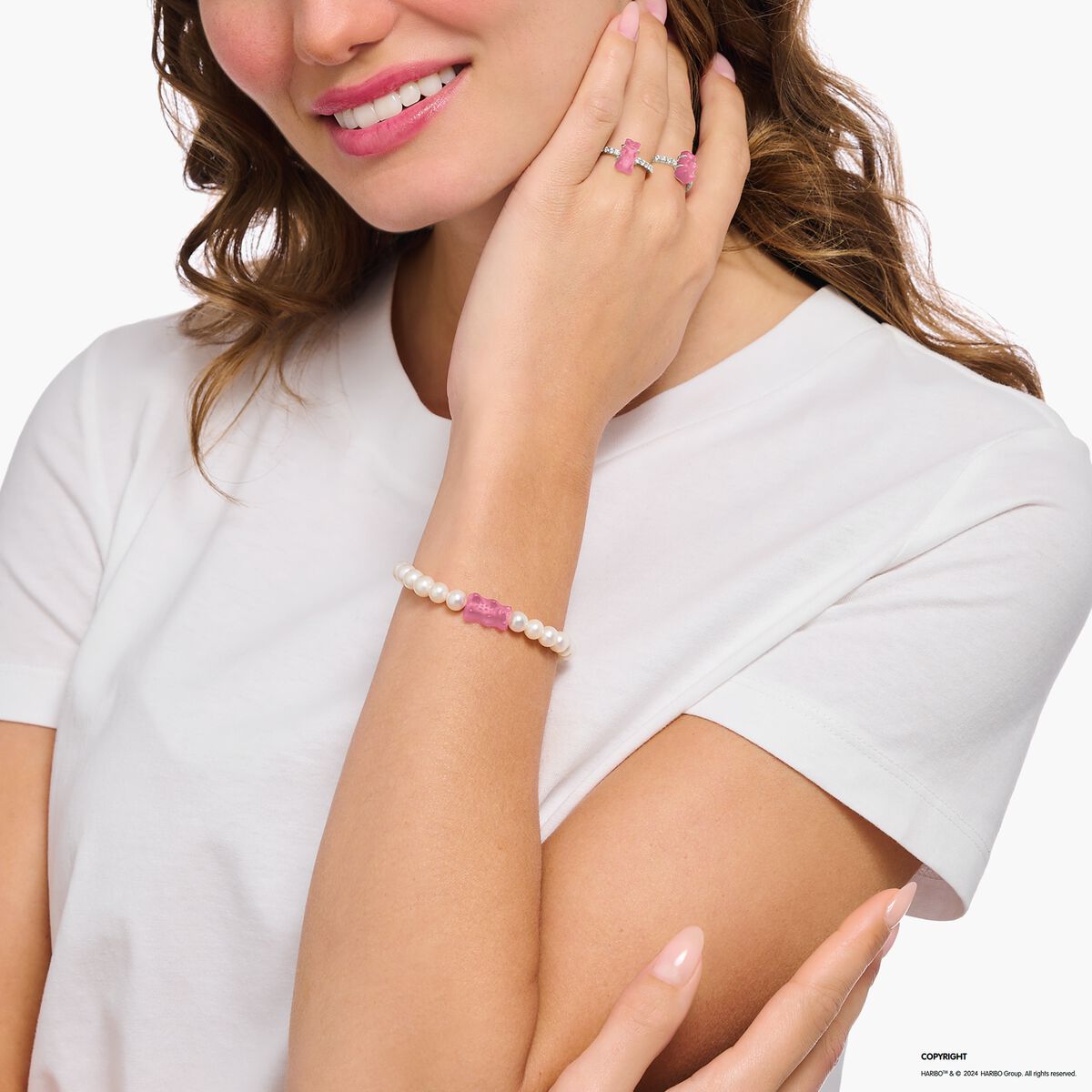 Silver pearl bracelet with pink Goldbears