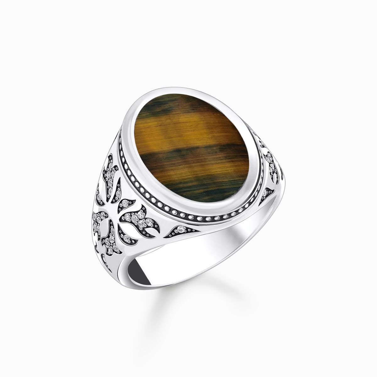 Silver blackened signet ring with gold blue tiger's eye