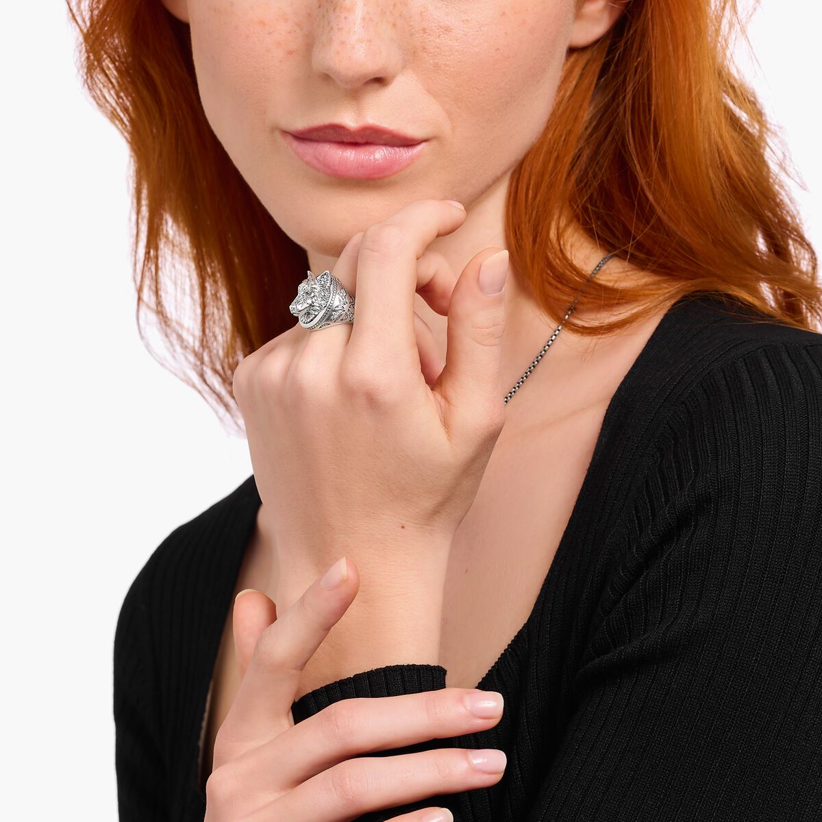 Silver blackend signet ring wolf's face with stones