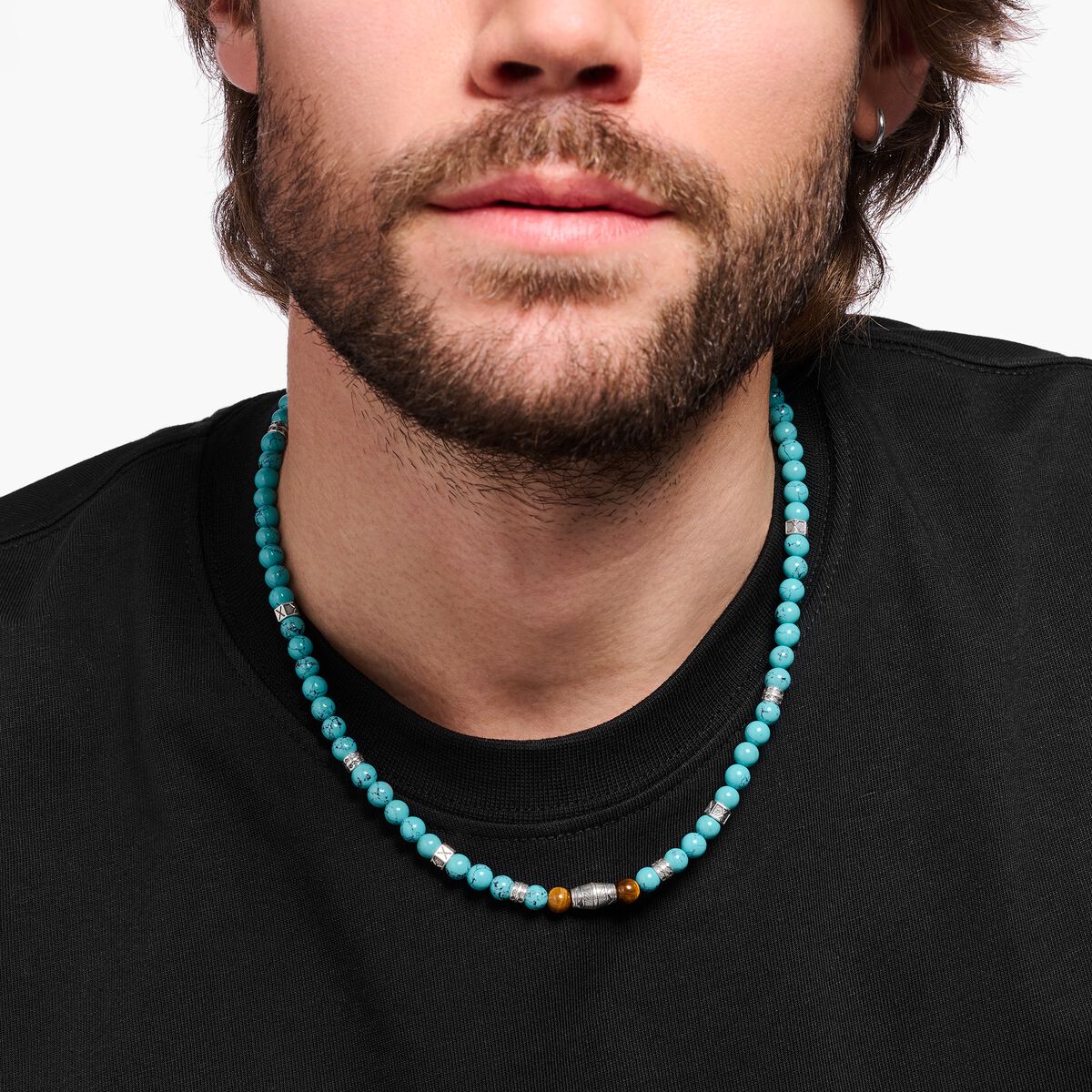 Necklace with turquoise beads and tiger's eye beads silver
