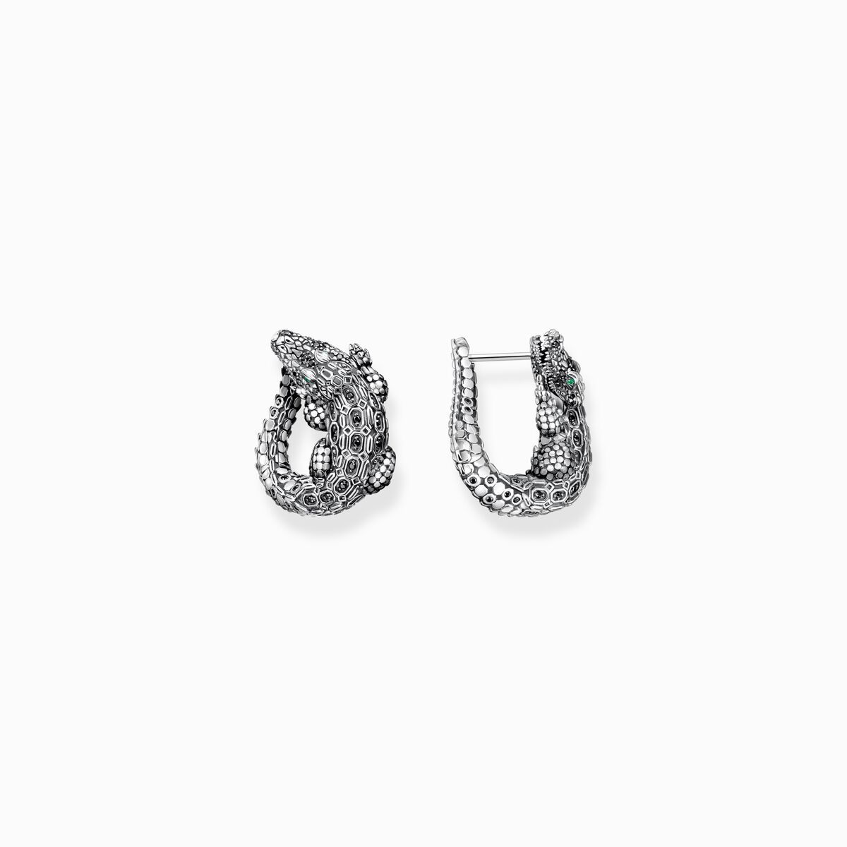 Blackened silver hoop ear rings crocodile with black and green stones