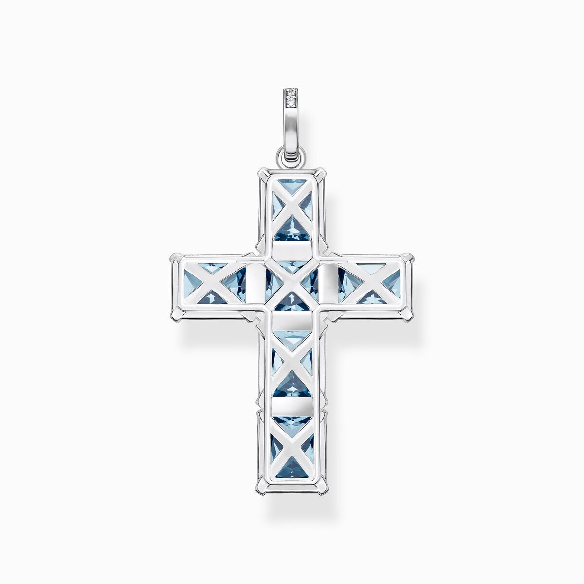 Pendant cross with aquamarine-coloured and white stones silver