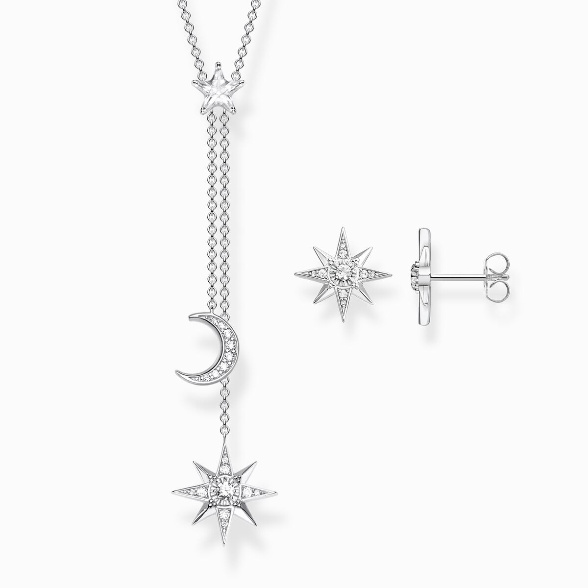 Jewellery set moon and stars with white stones silver