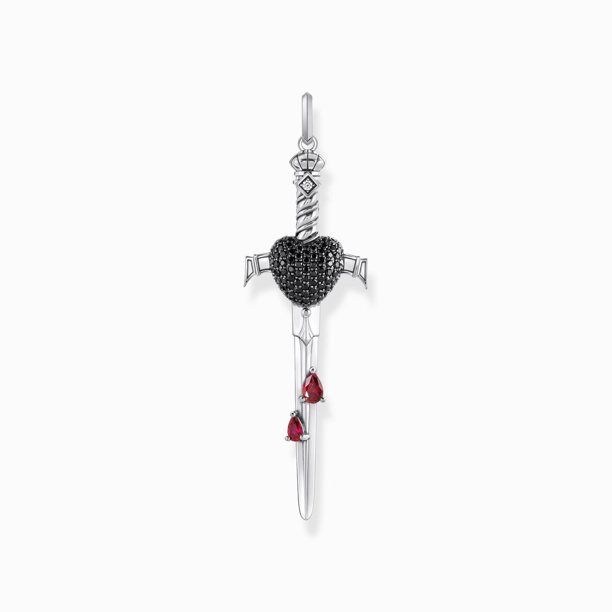 Silver blackened sword pendant with black and red stones