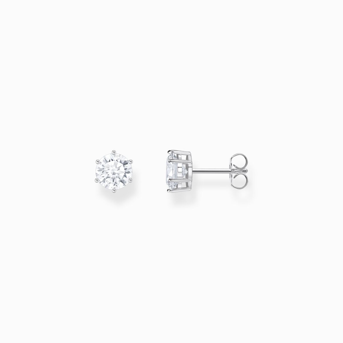Silver ear studs with big, white zirconia