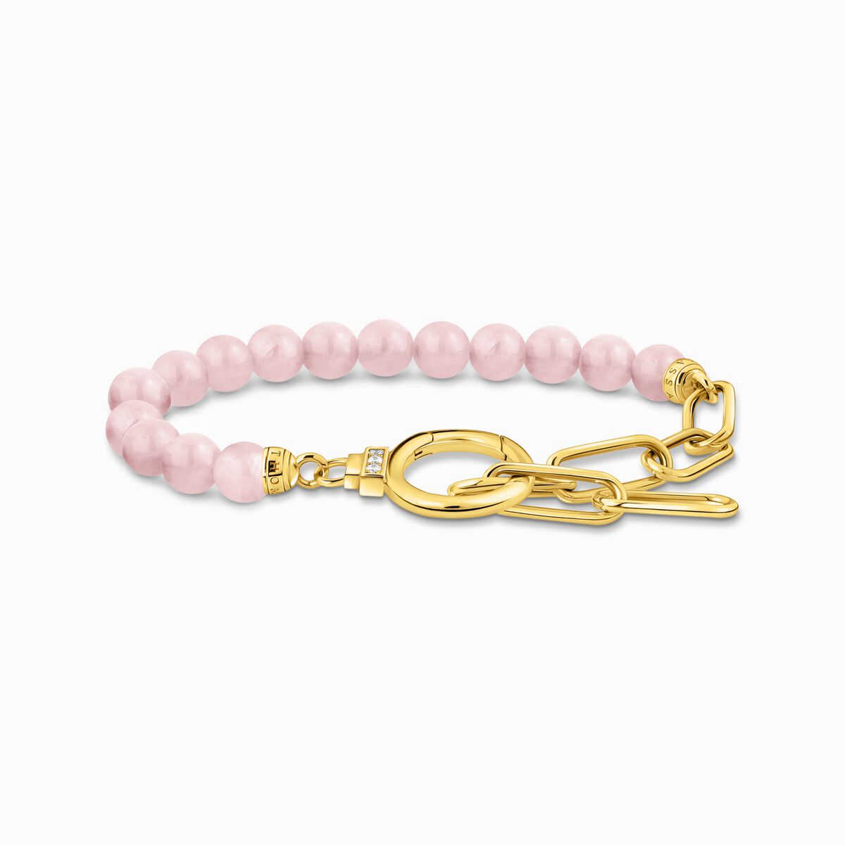Gold-plated link chain bracelet with rose quartz beads