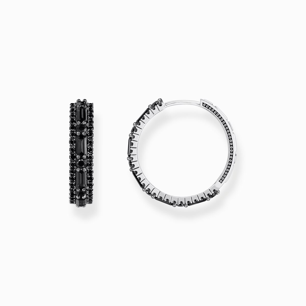 Silver blackened hoop earrings with black zirconia