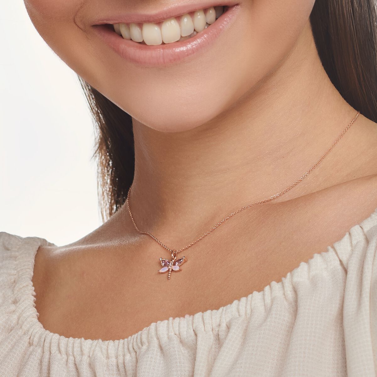Necklace dragonfly with stones rose gold