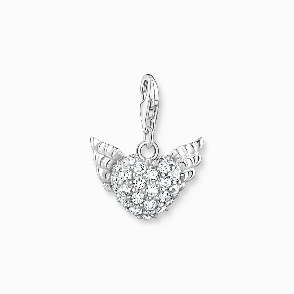 Charm pendant winged heart white stones silver