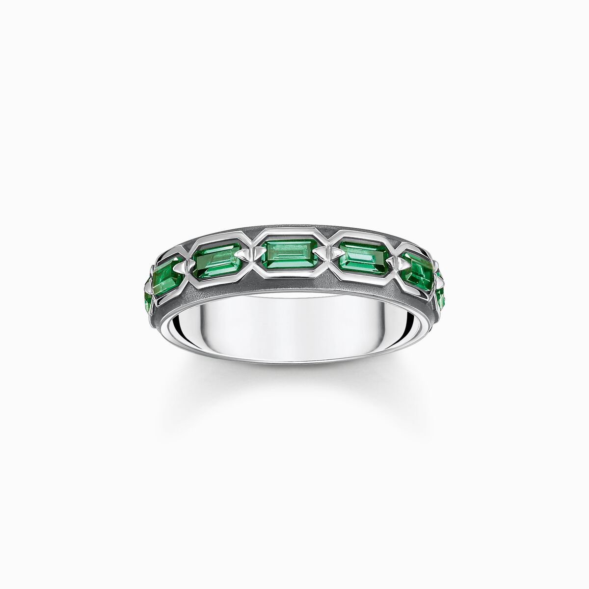 Blackened silver ring crocodile shell with green stones