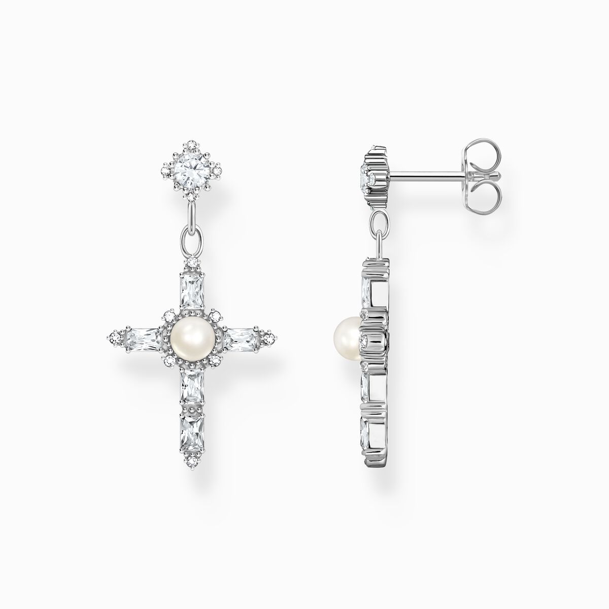 Silver earrings Cross Romance with white stones