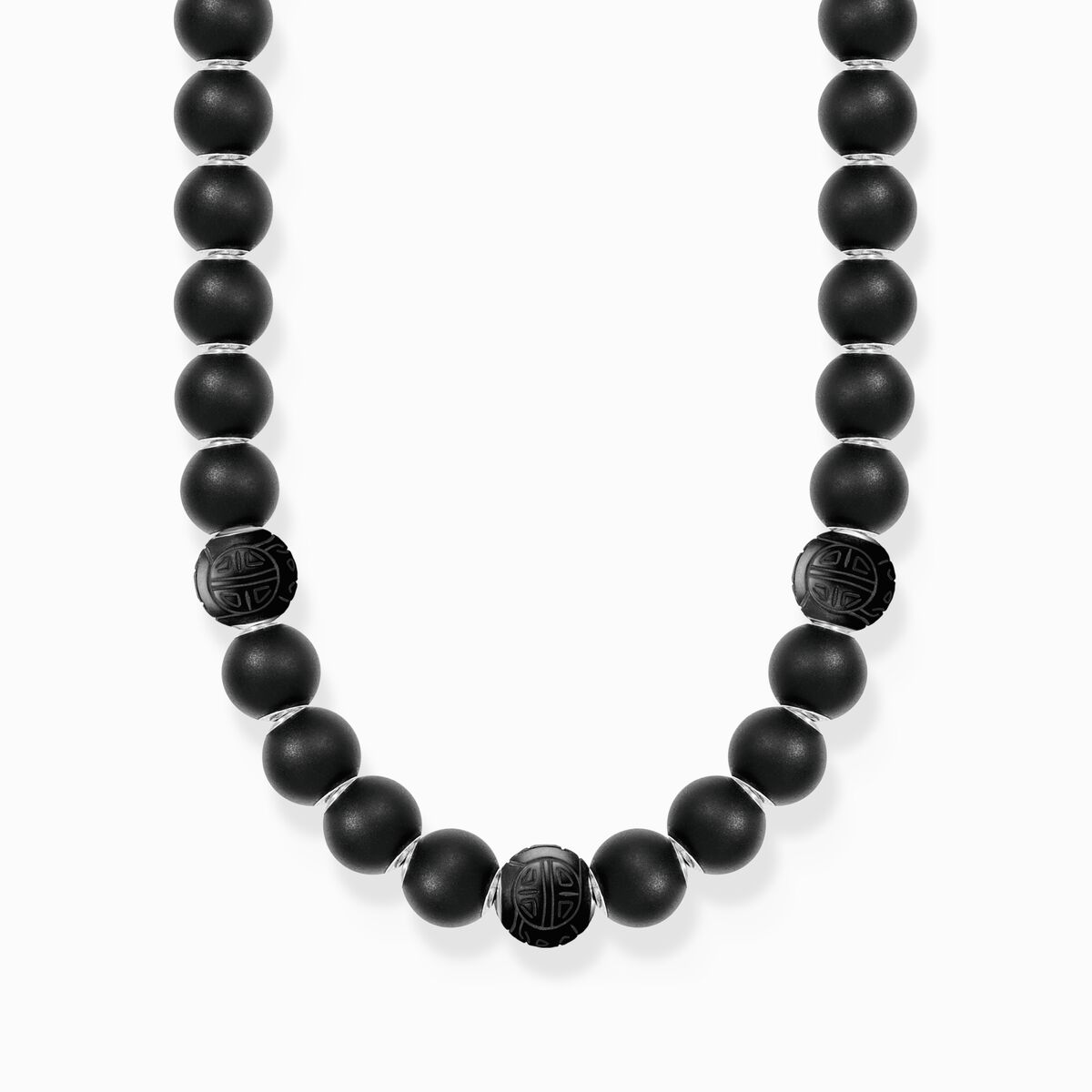Silver necklace made of matte obsidian and engraved beads