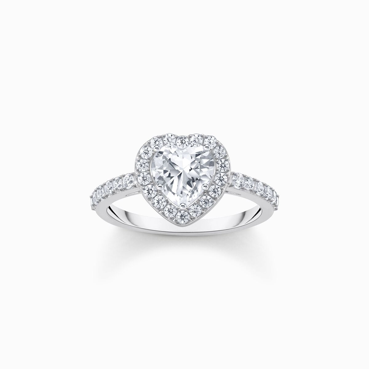 Silver halo ring with white, heart-shaped zirconia