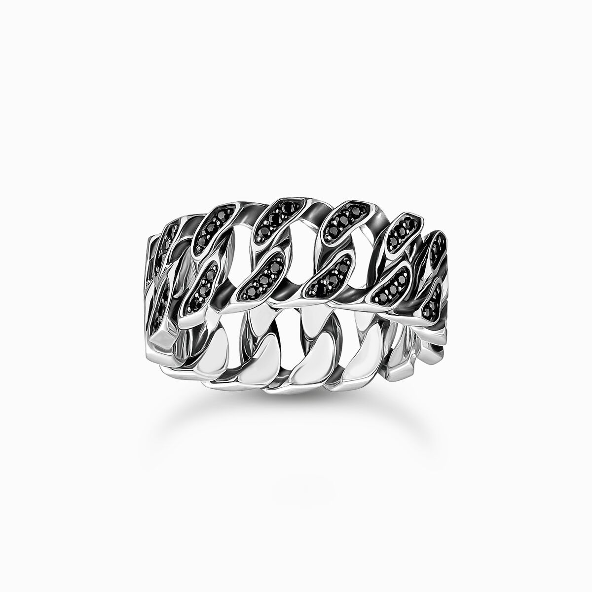 Silver wide ring with chain links and black stones