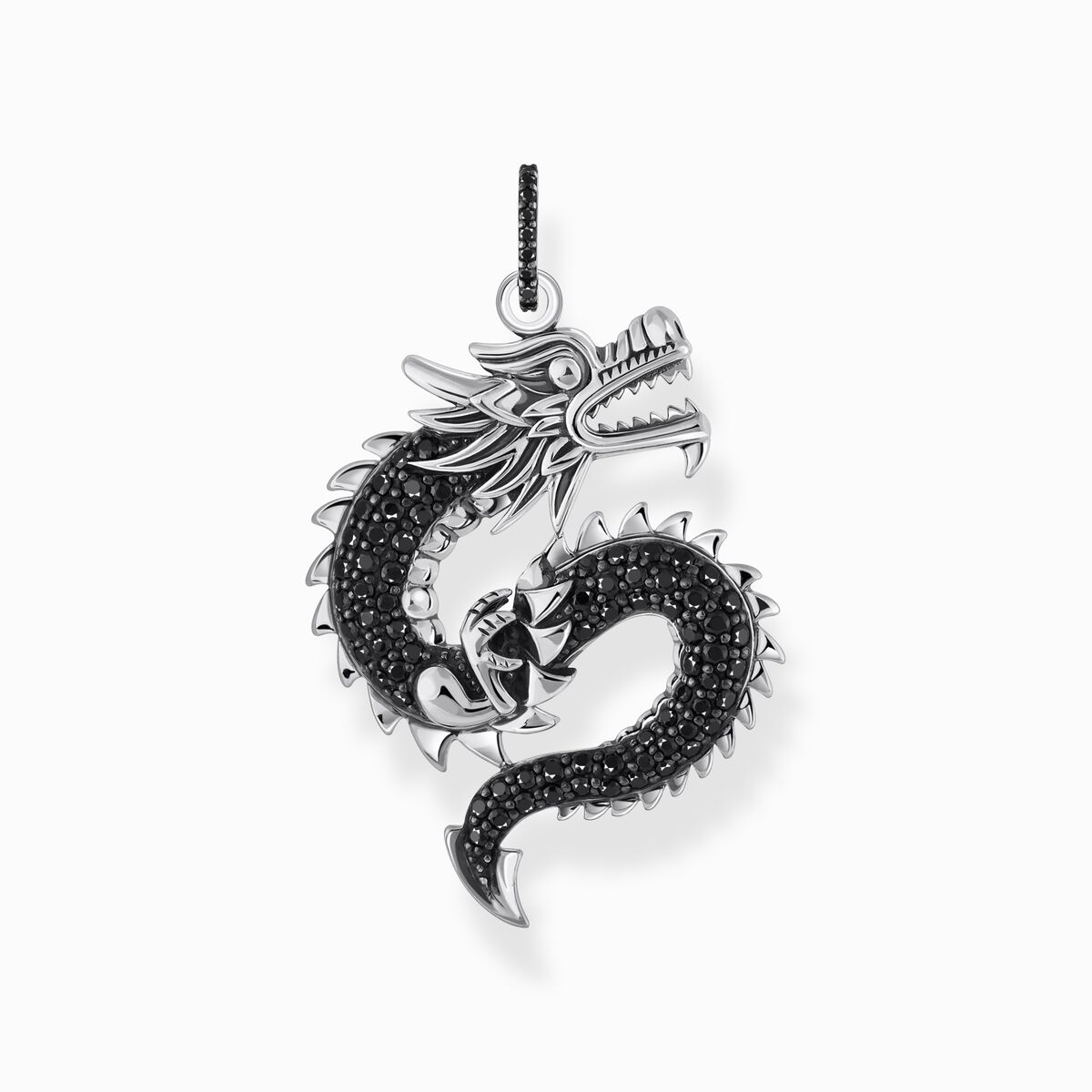 Silver blackened dragon pendant with black zirconia