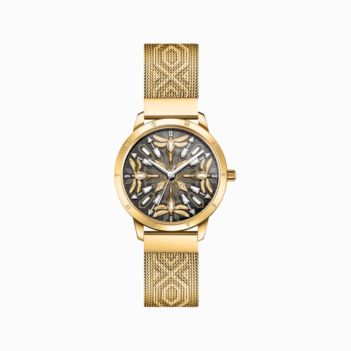 Gold-coloured women's watch with 33 mm, dragonflies & zirconia