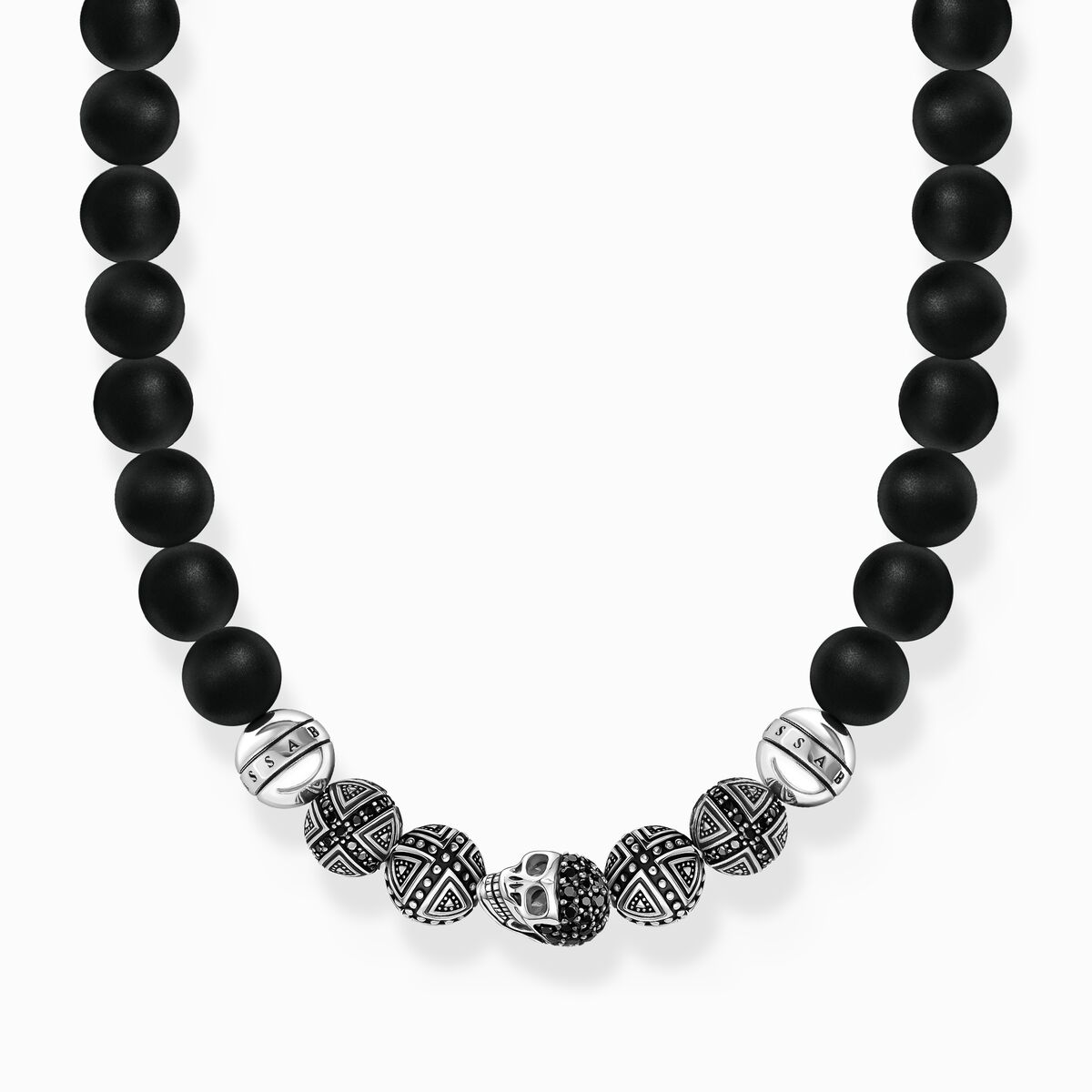 Silver obsidian necklace with skull and silver crosses