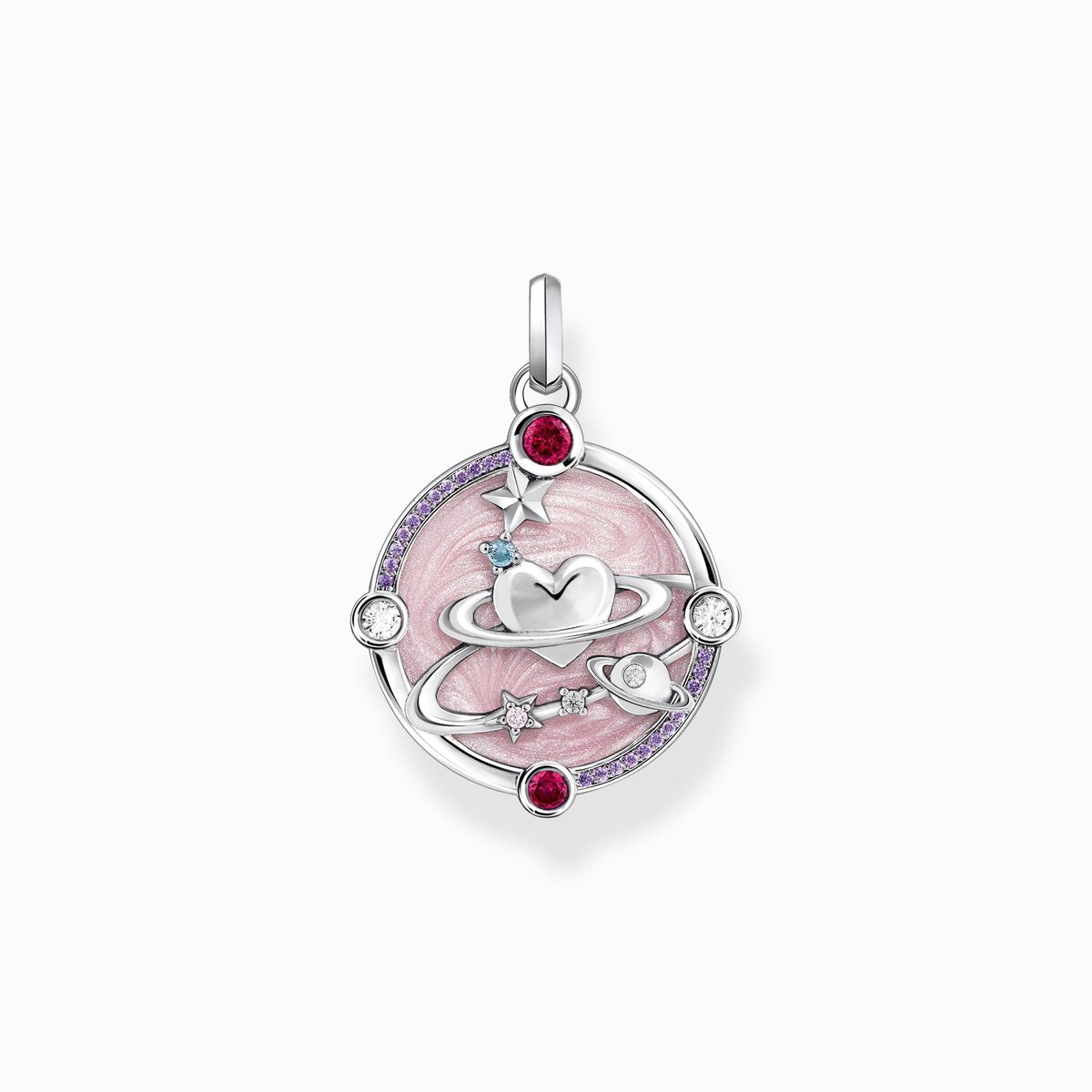 Silver pendant with pinkish cold enamel and cosmic details