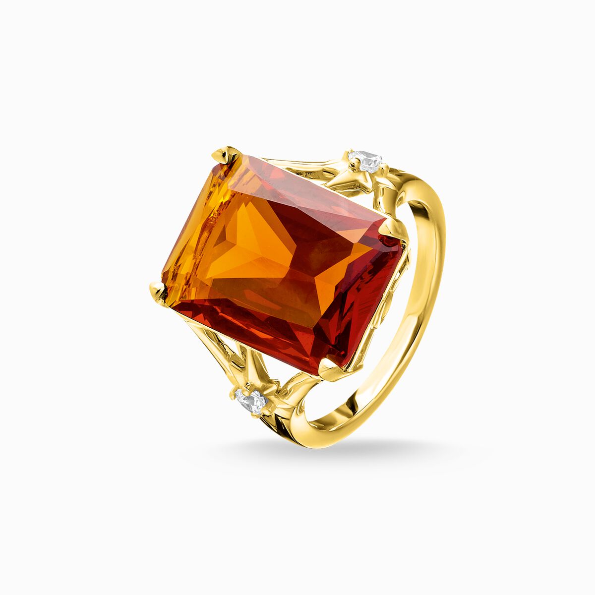 Ring with large orange stone and stars gold plated