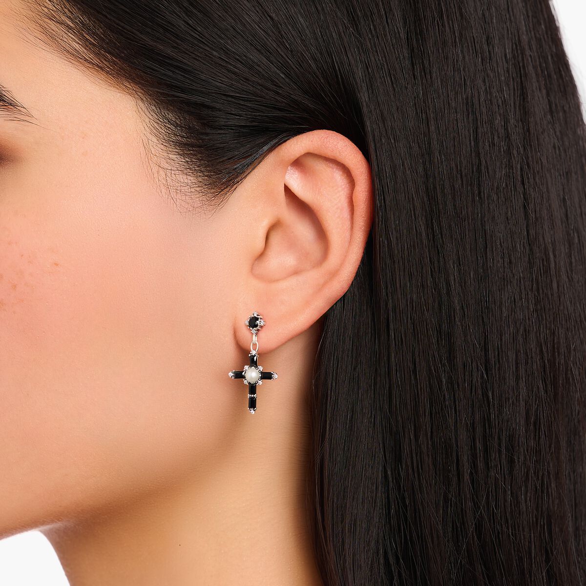 Silver earrings Cross Romance with black stones