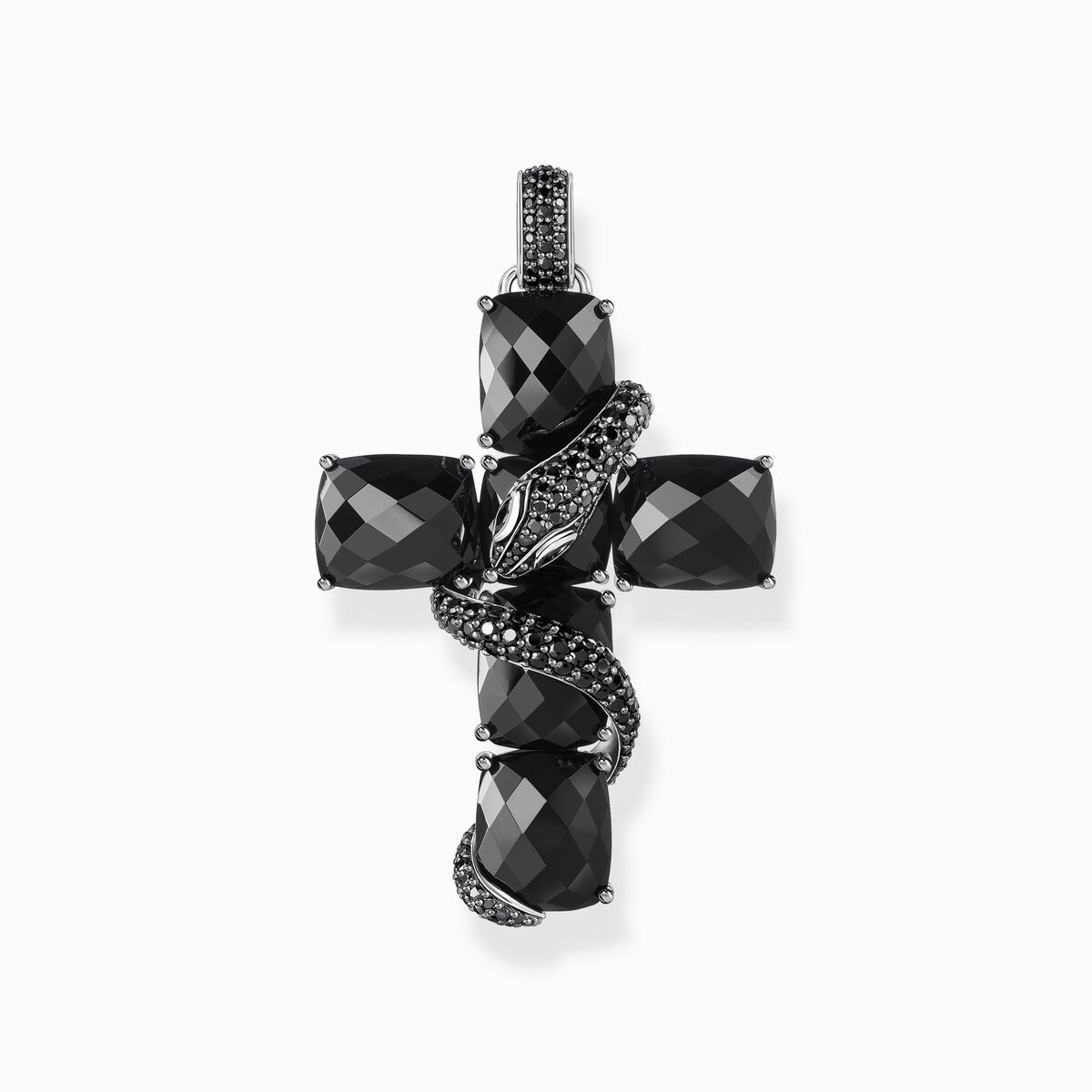 Silver blackened cross pendant with snake and black zirconia