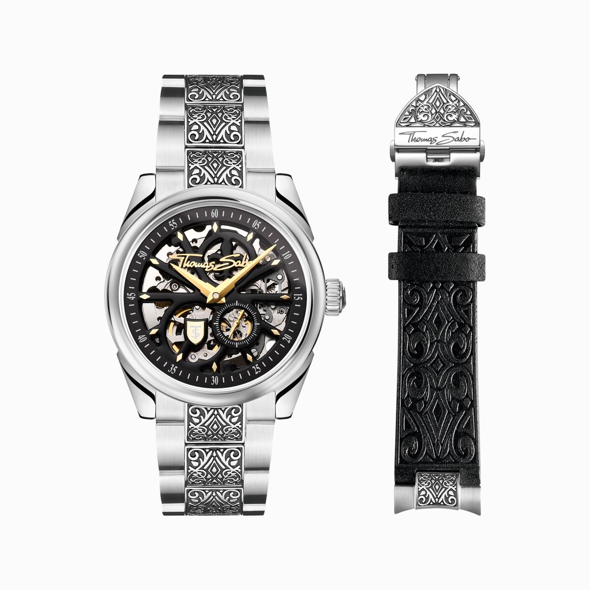 Silver automatic watch with 41 mm, black dial & acanthus pattern