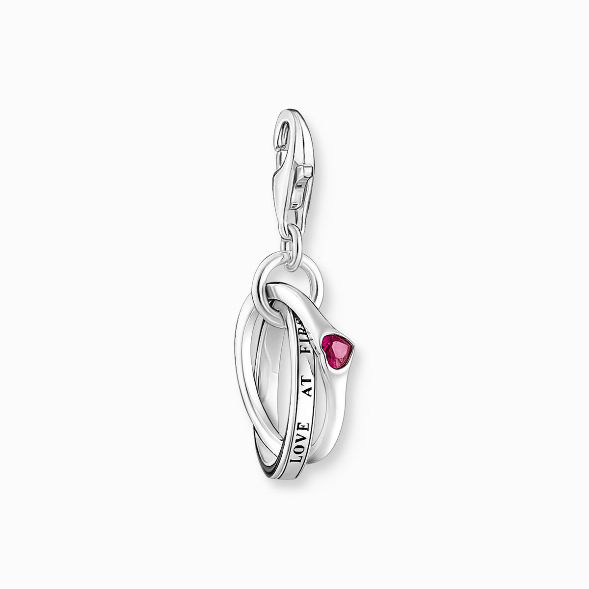 Silver charm pendant with two linked rings and a red stone