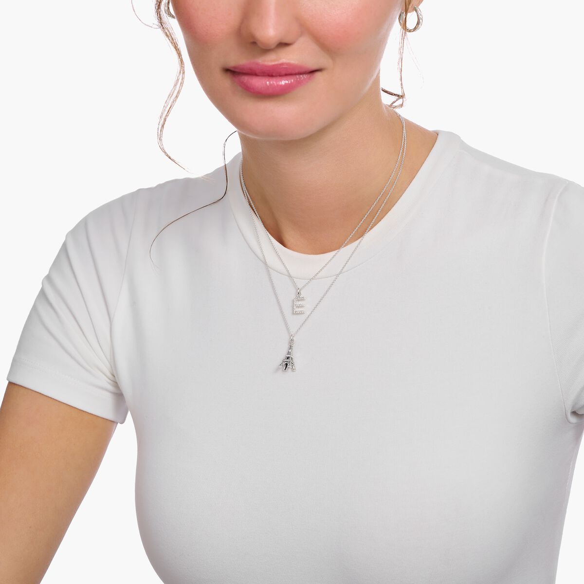 Silver necklace with letter pendant E and white zirconia