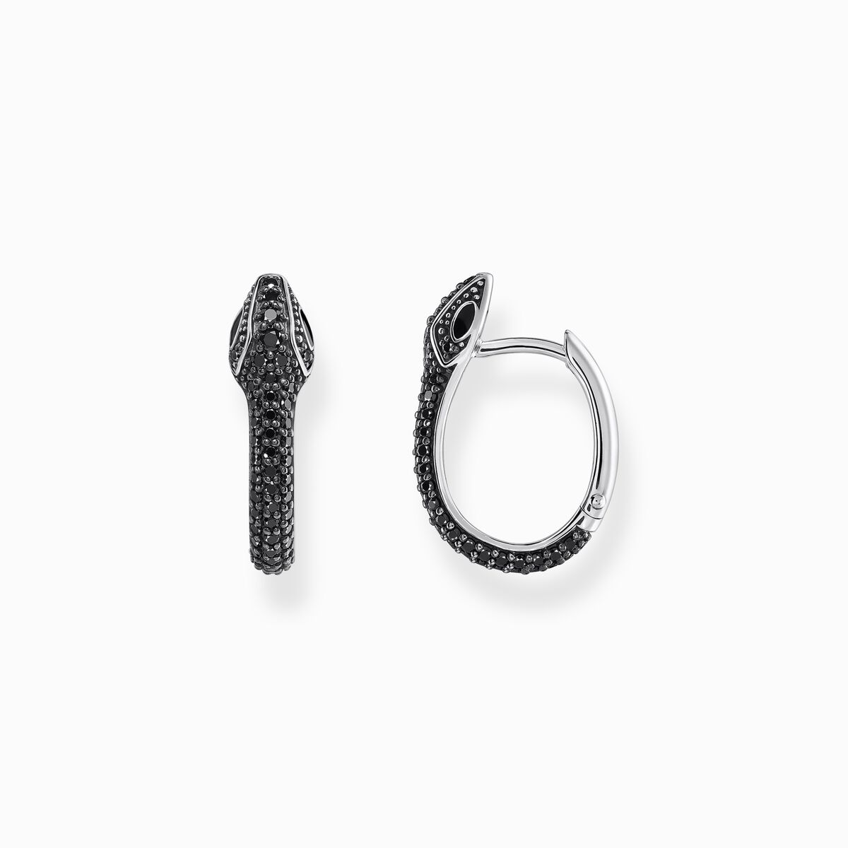 Silver blackened snake hoop earrings with black zirconia