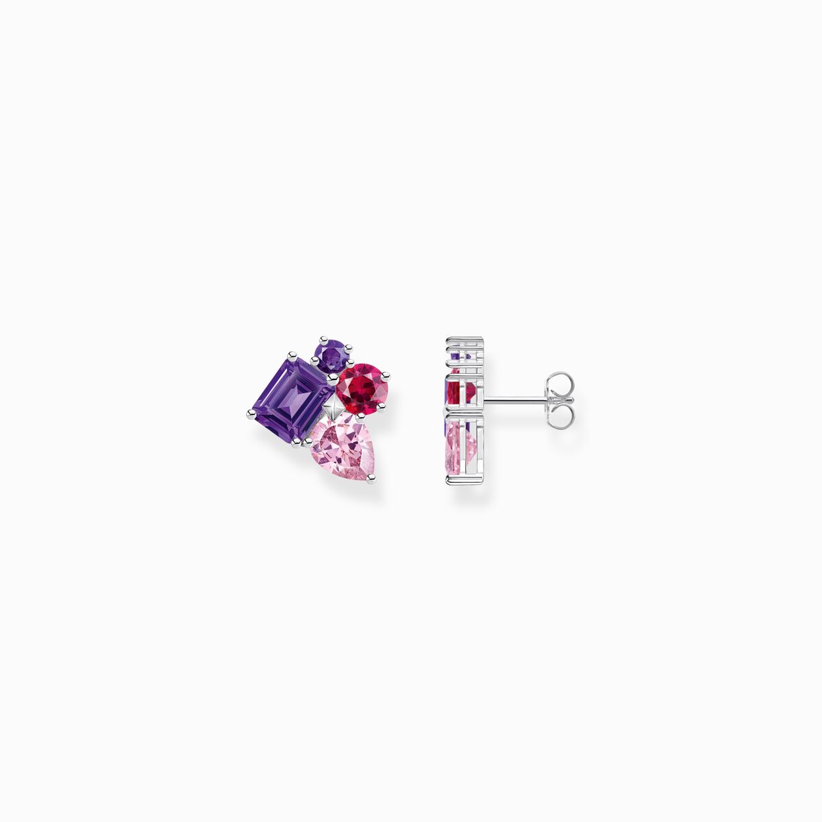Silver ear studs with pink and violet zirconia in different sizes