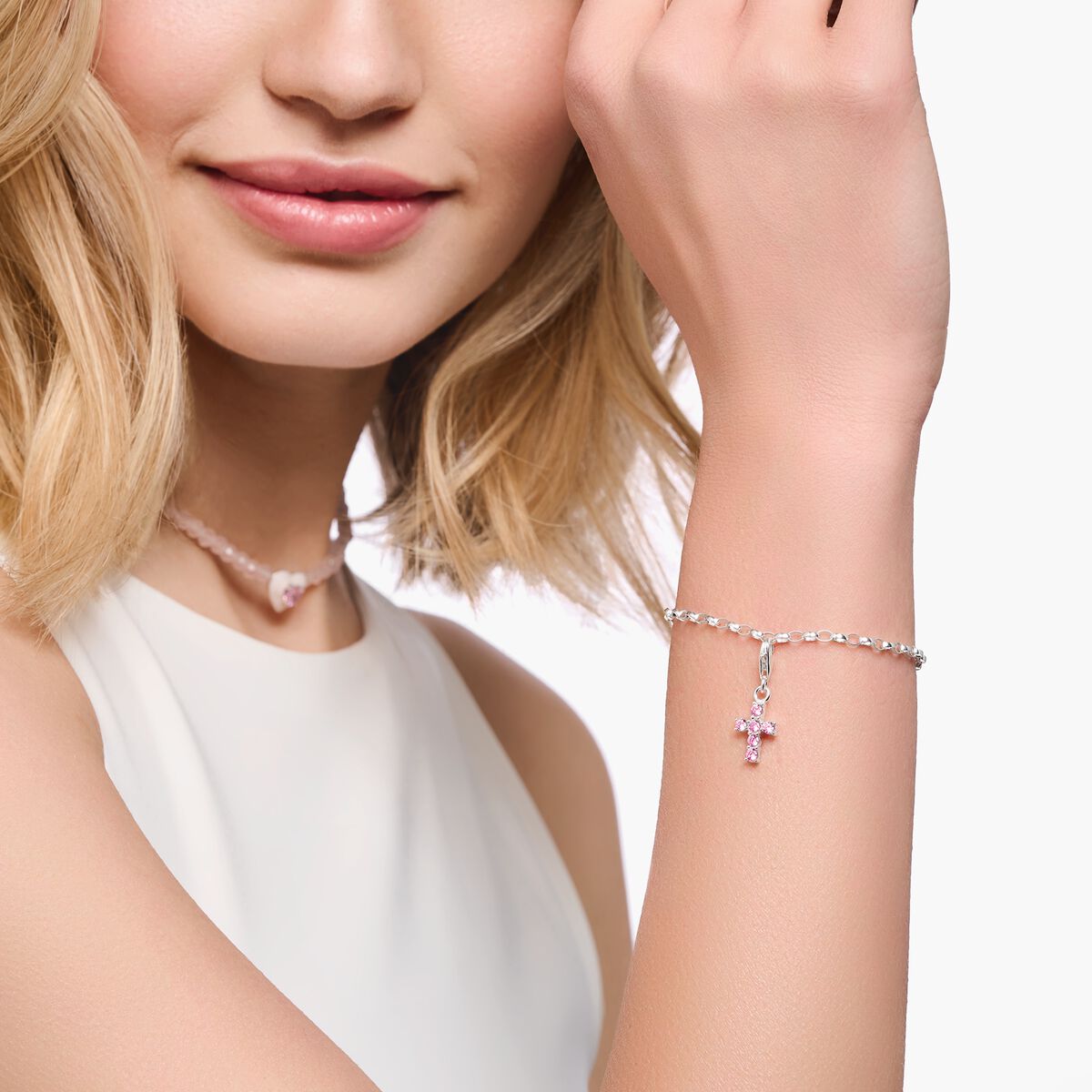 Charm pendant pink cross silver