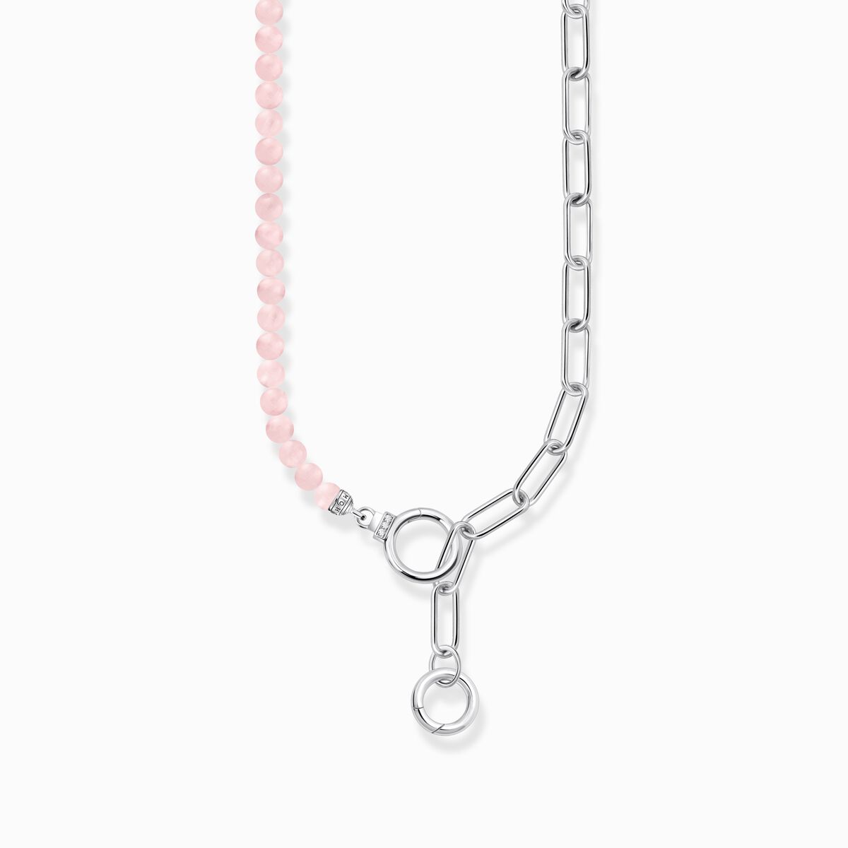Silver necklace with link chain elements and rose quartz beads