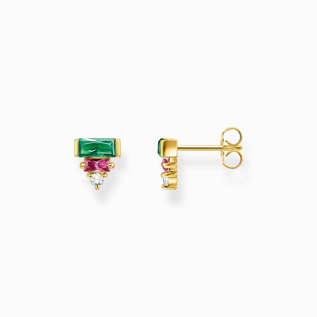Ear studs with colourful baguette-cut stones gold plated